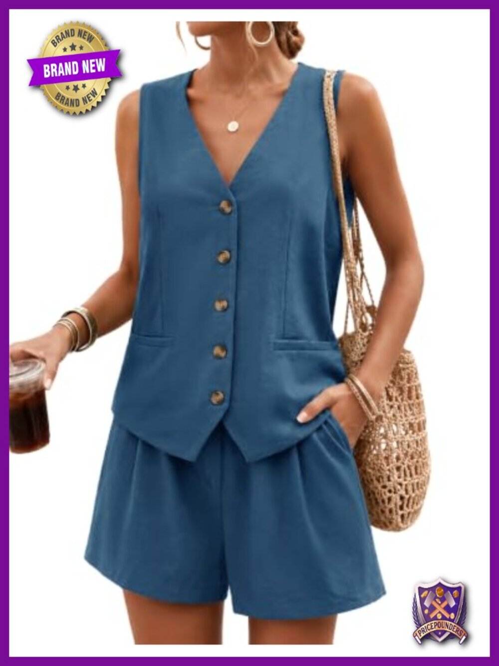 Women's Linen Blend 2 Piece Short Set Vest & Shorts Casual Travel Outfit